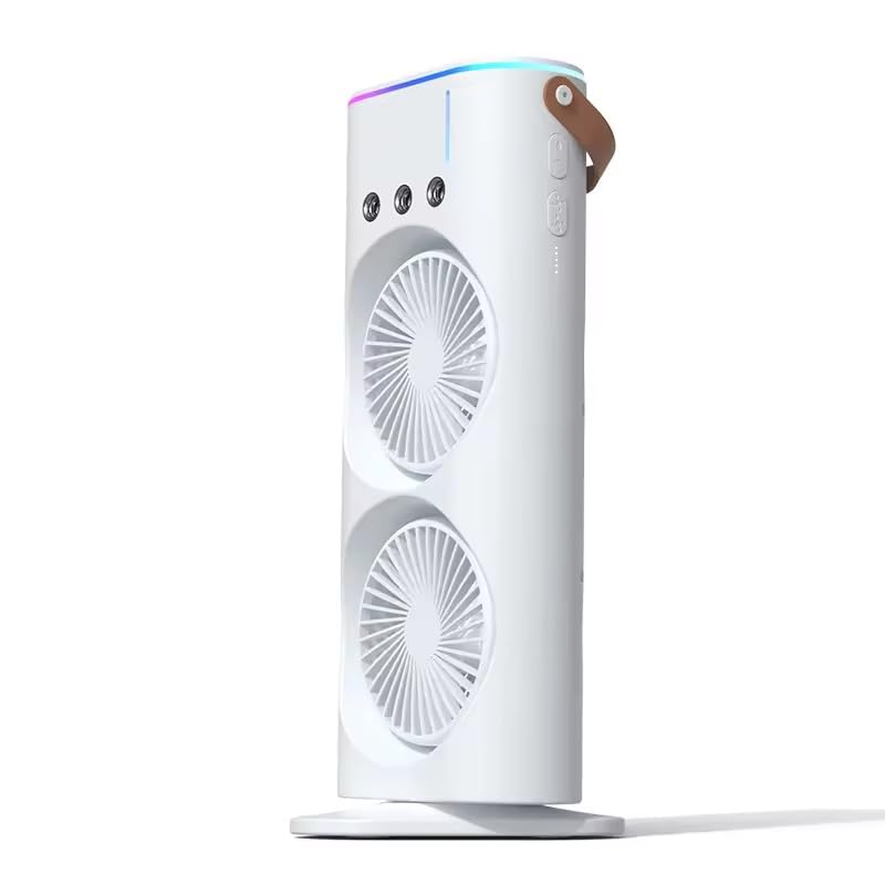 Tower Mist Fan & Cooler with Humidifier | Dual Oscillating Foldable Fans | Remote Controlled, 3-Speed Modes, 3 Mist Spray Settings | Ultra-Quiet BLDC Motor | LED Light | Cordless & USB Rechargeable