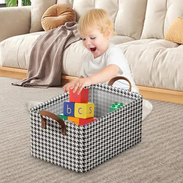 26L Fabric Closet Clothes Organizer Box with Handle Chequered Print