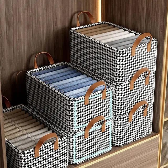 26L Fabric Closet Clothes Organizer Box with Handle Chequered Print