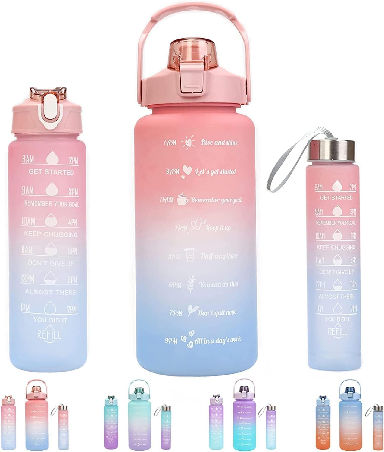 3-Piece Motivational Water Bottle Set with Time Markers