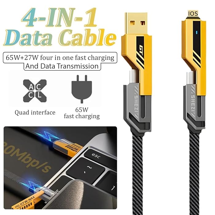 4-in-1 Fast Charging Cable – USB-C, Lightning & USB-A 65W