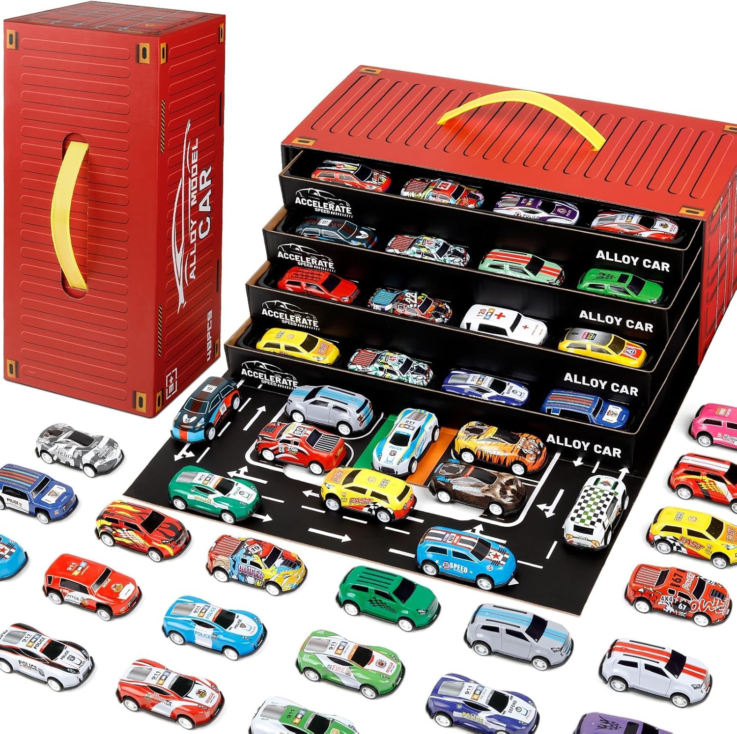 48 Pull-Back Race Cars Toy Set – Storage Box for Kids