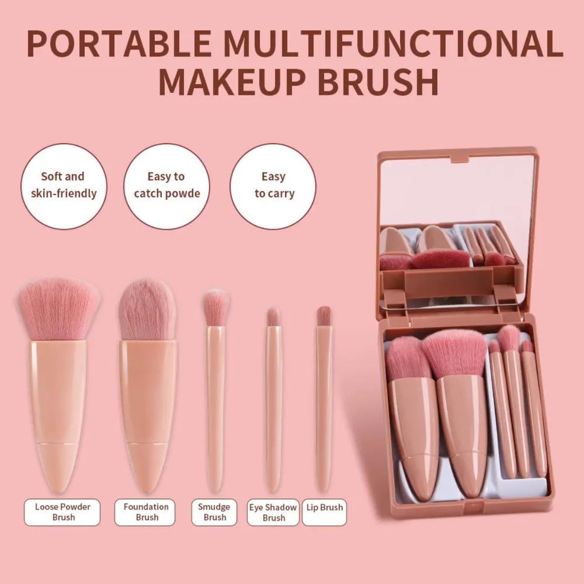 5-in-1 Mini Makeup Brush Set with Mirror Travel