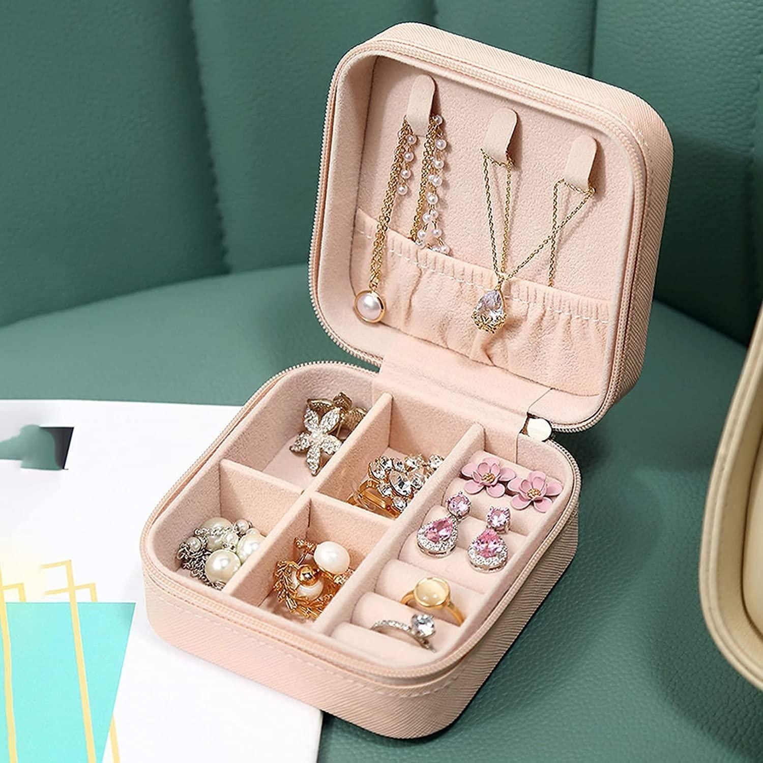 Portable PU Leather Jewelry Box with Zipper Organizer