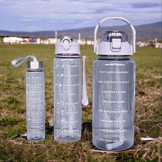 Motivational Water Bottle Set – 3 Sizes, Leakproof & Fun Stickers
