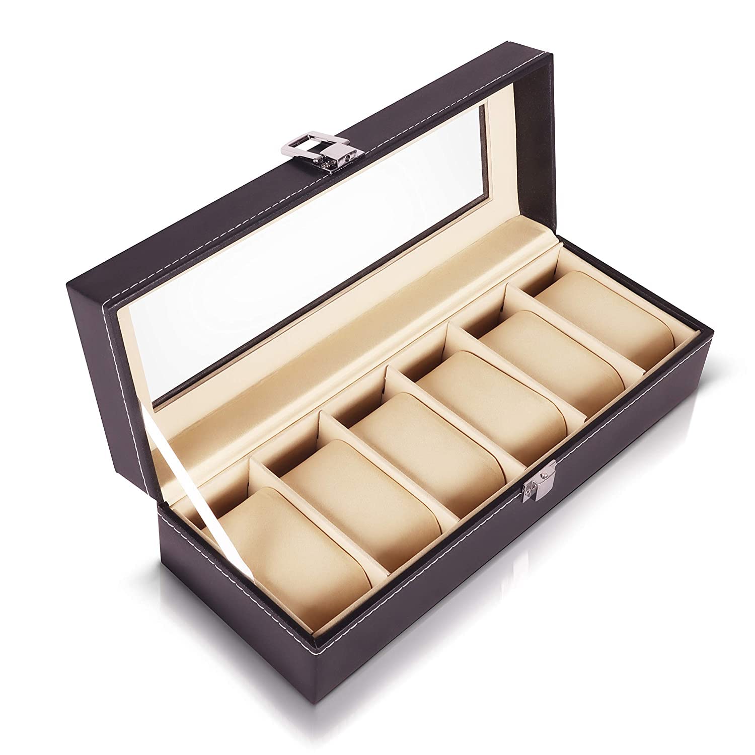 6 Slot Watch Display Box with Glass Travel Organizer