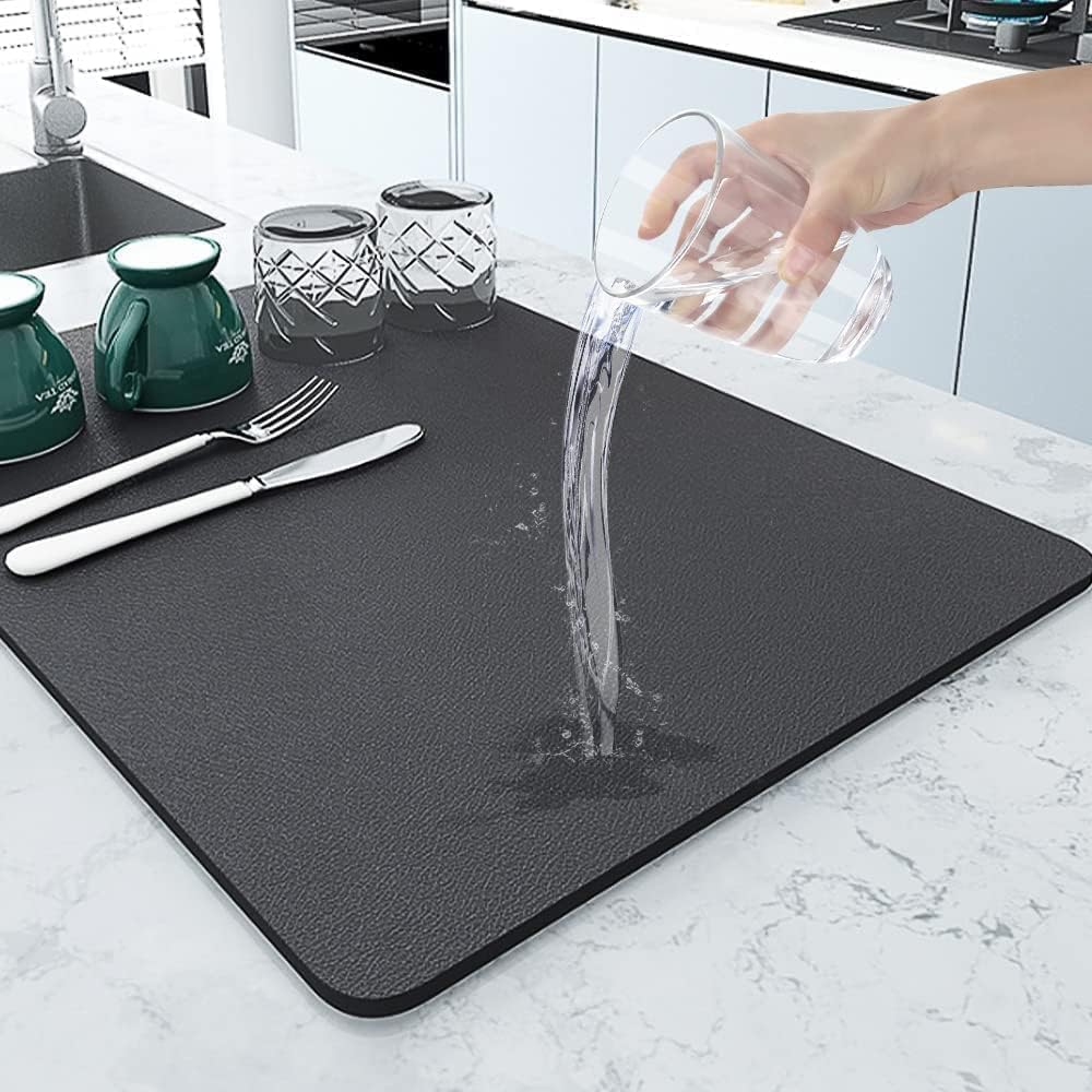 Grey Dish Drying Mat Absorbent Kitchen Quick Dry Pad 60cm x 40cm