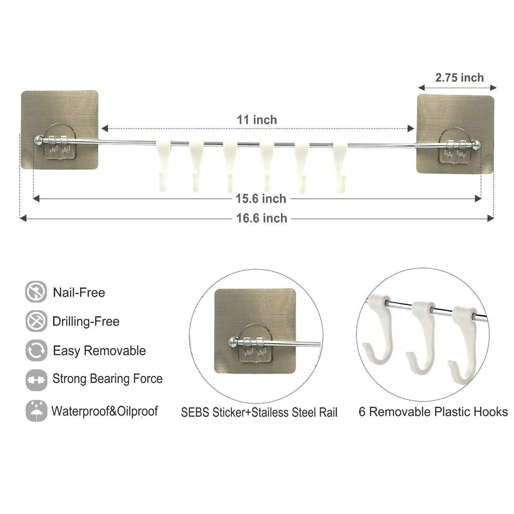 6-Hook Stainless Steel Hanger | Multi-Purpose with Magic Sticker