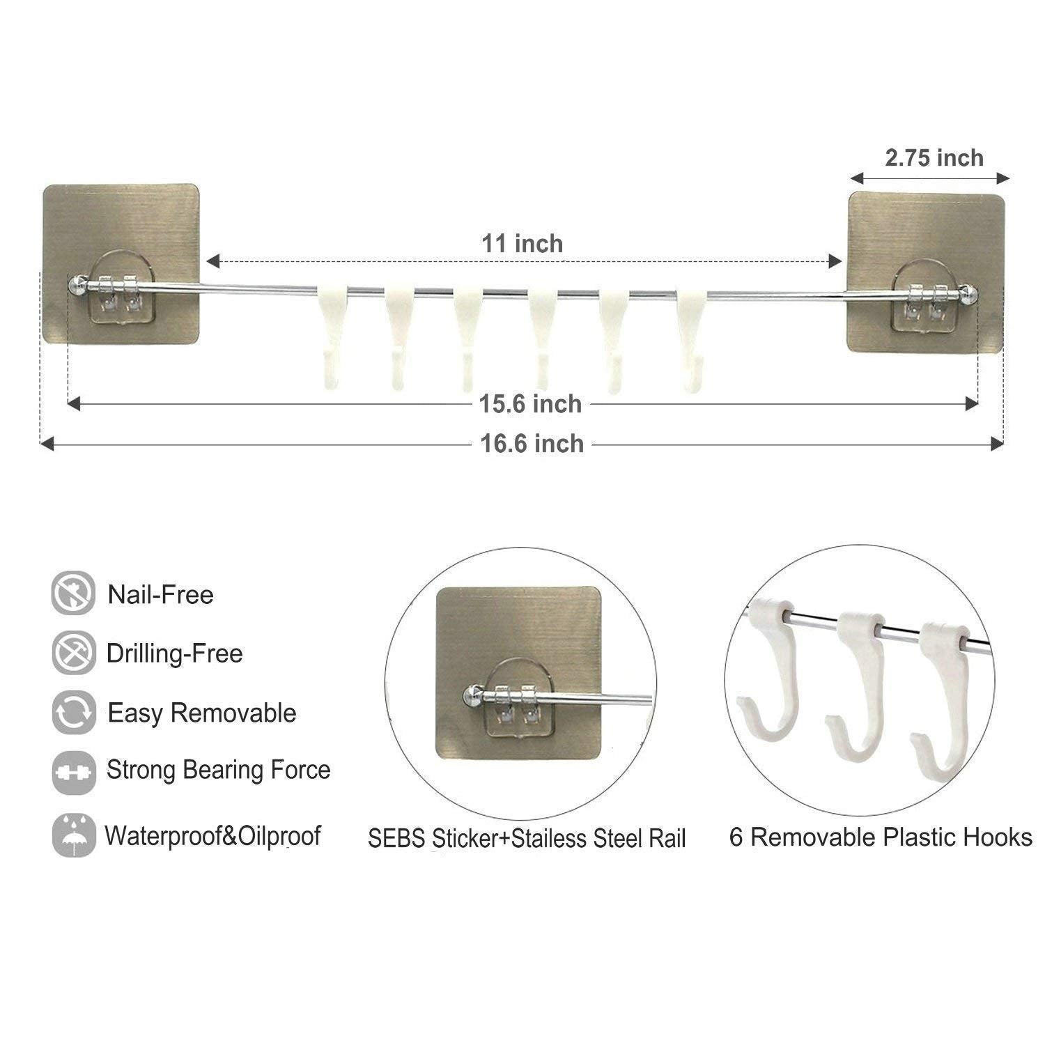6-Hook Stainless Steel Hanger | Multi-Purpose with Magic Sticker