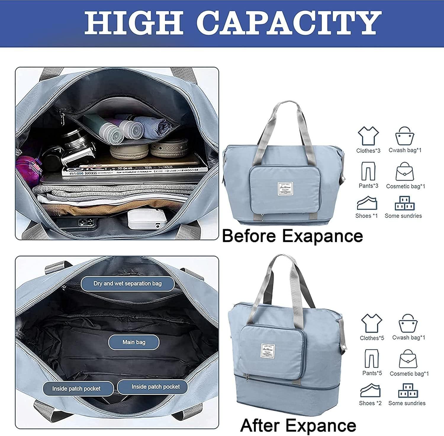 Blue Foldable Travel Duffel Bag | Lightweight Waterproof Tote