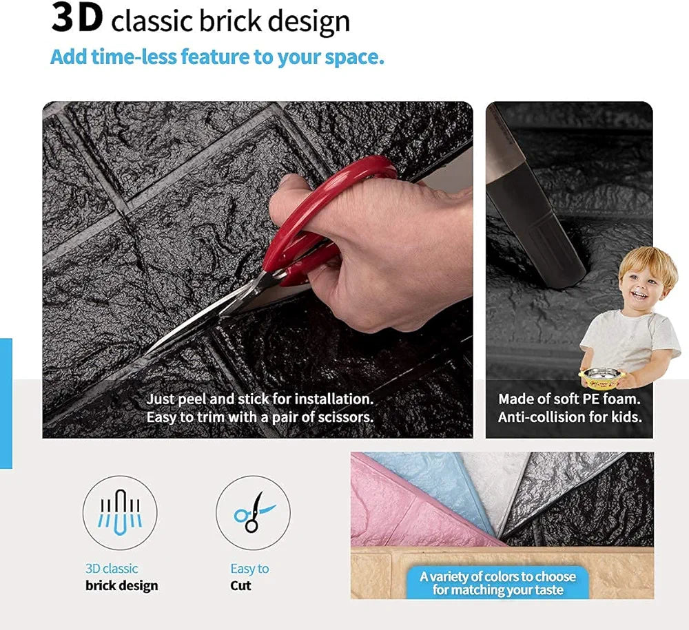 3D Foam Brick Wall Stickers | Black Peel & Stick Wallpaper