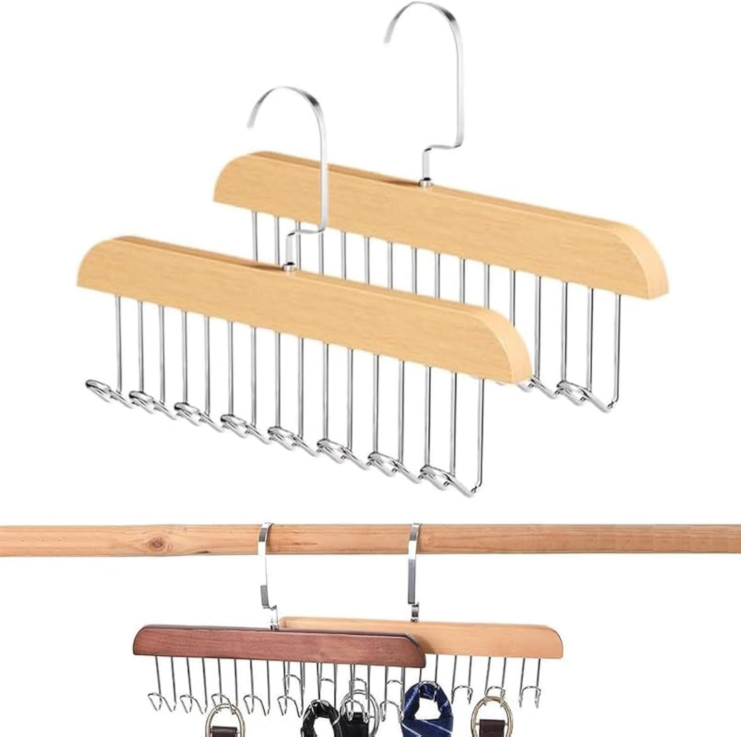 Tie Hanger 8 Hooks Wooden Belt Scarf Organizer
