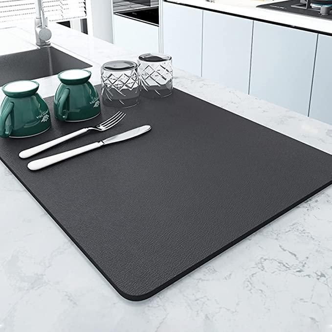 Grey Dish Drying Mat Absorbent Kitchen Quick Dry Pad 40cm x 30cm