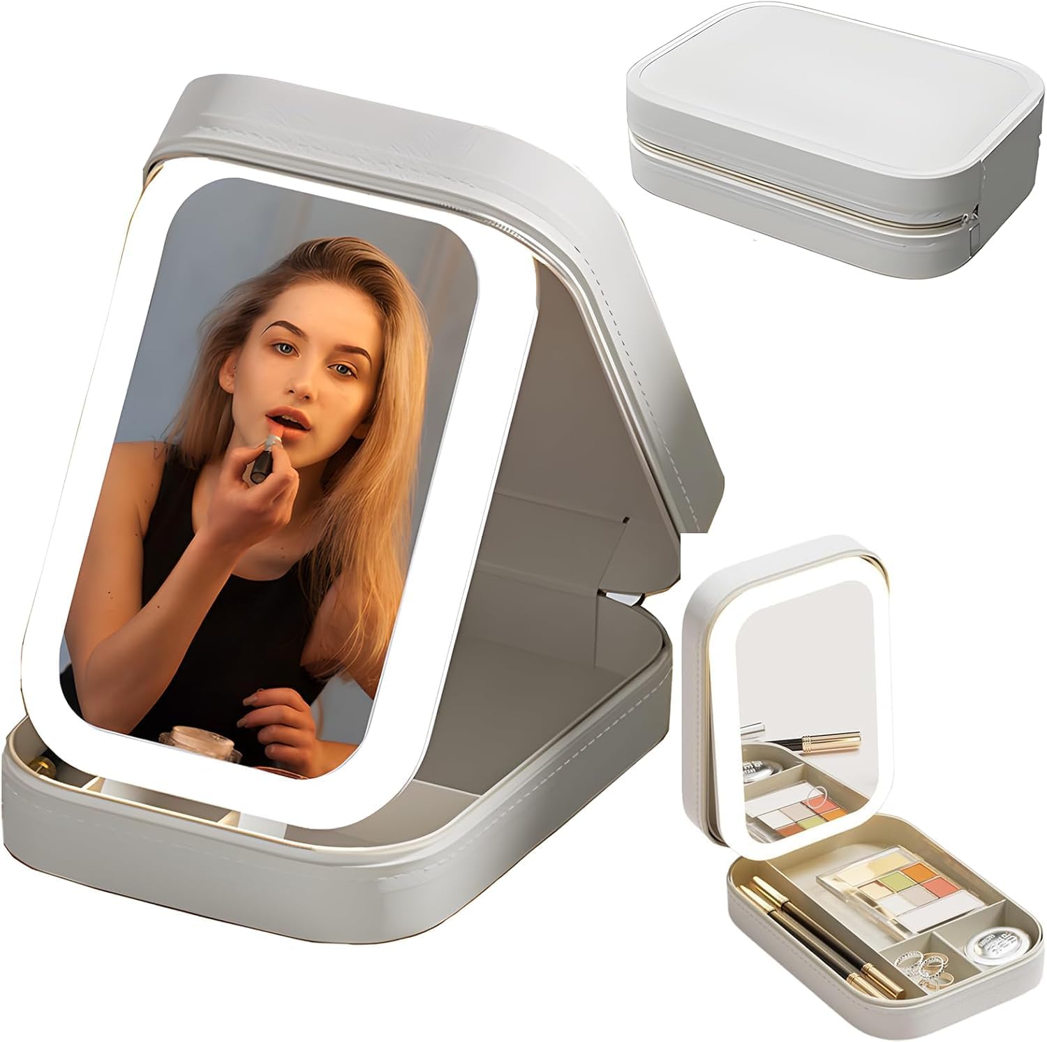 LED Lighted Makeup Mirror Jewelry Box Portable Organizer Case