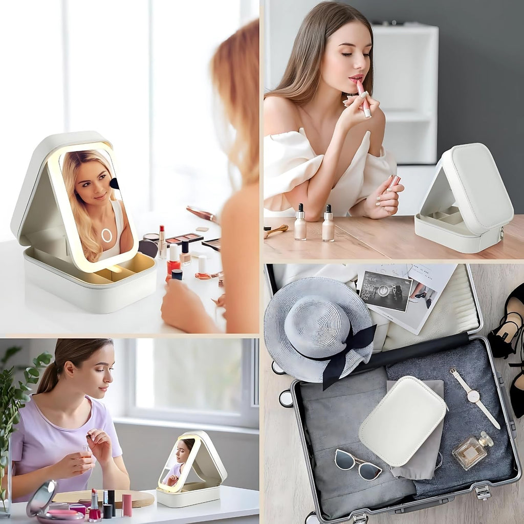 LED Lighted Makeup Mirror Jewelry Box Portable Organizer Case