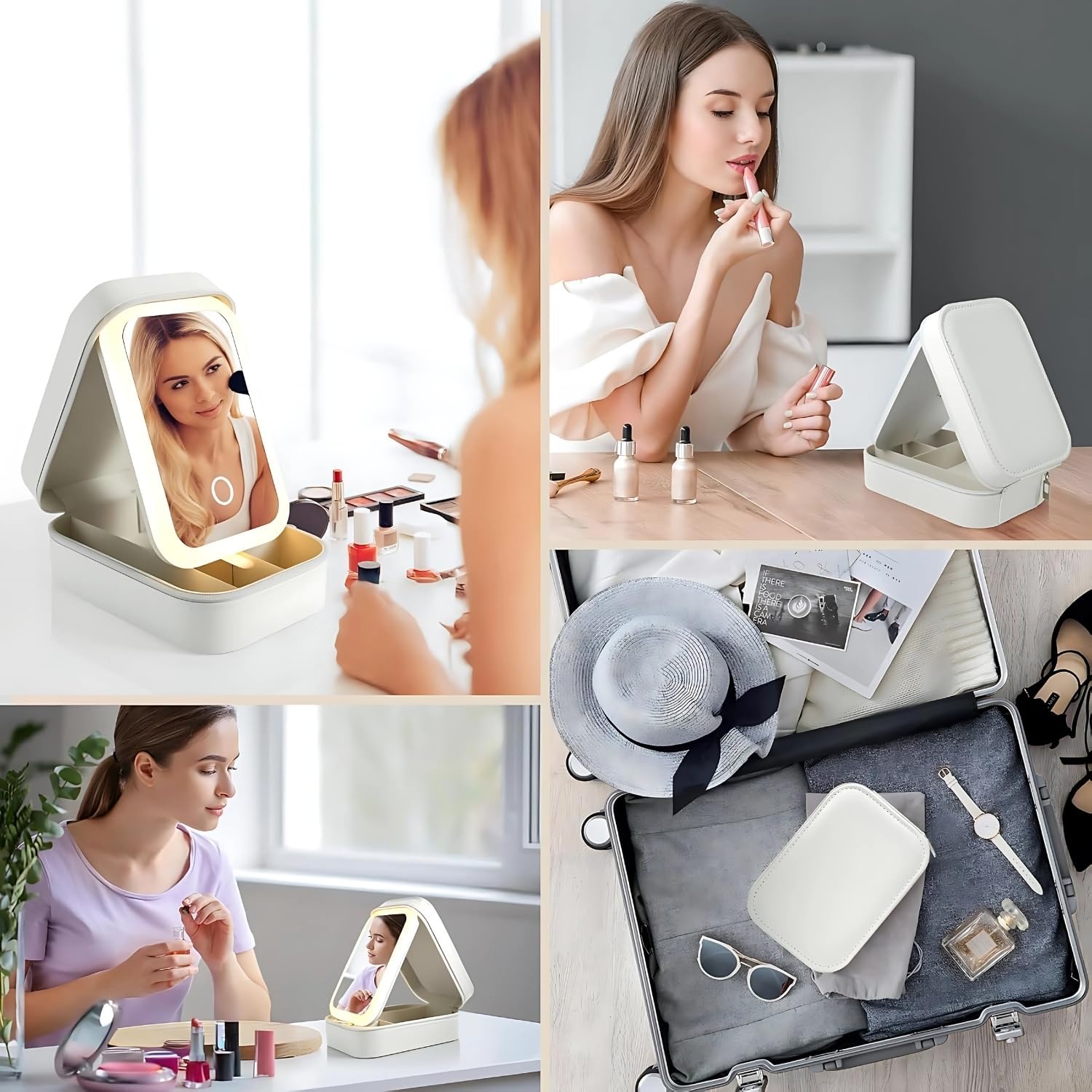 LED Lighted Makeup Mirror Jewelry Box Portable Organizer Case