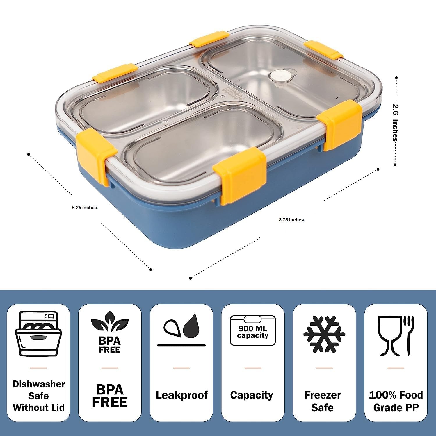 3-Compartment Transparent Stainless Steel Lunch Box for Meals