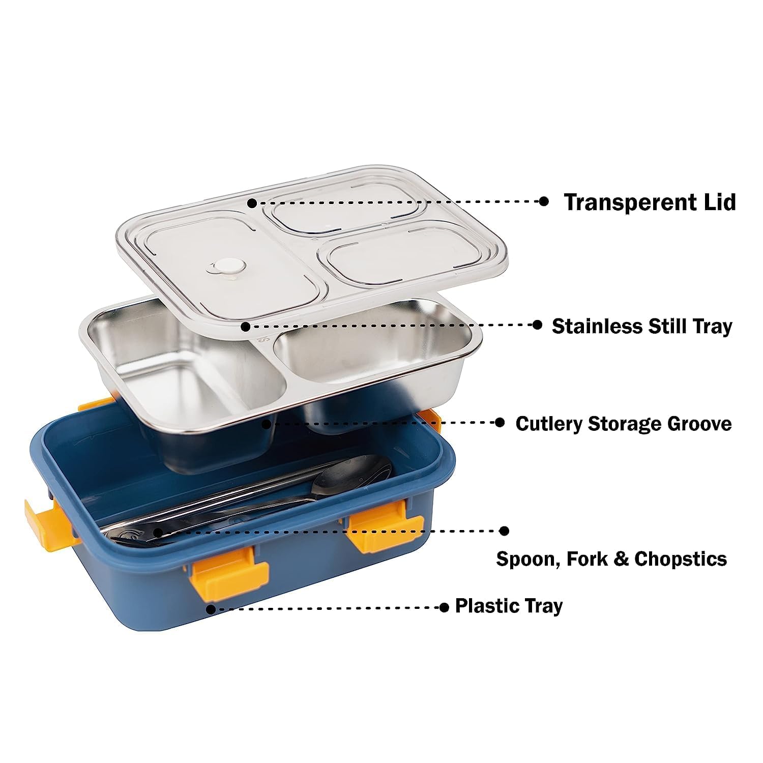 3-Compartment Transparent Stainless Steel Lunch Box for Meals