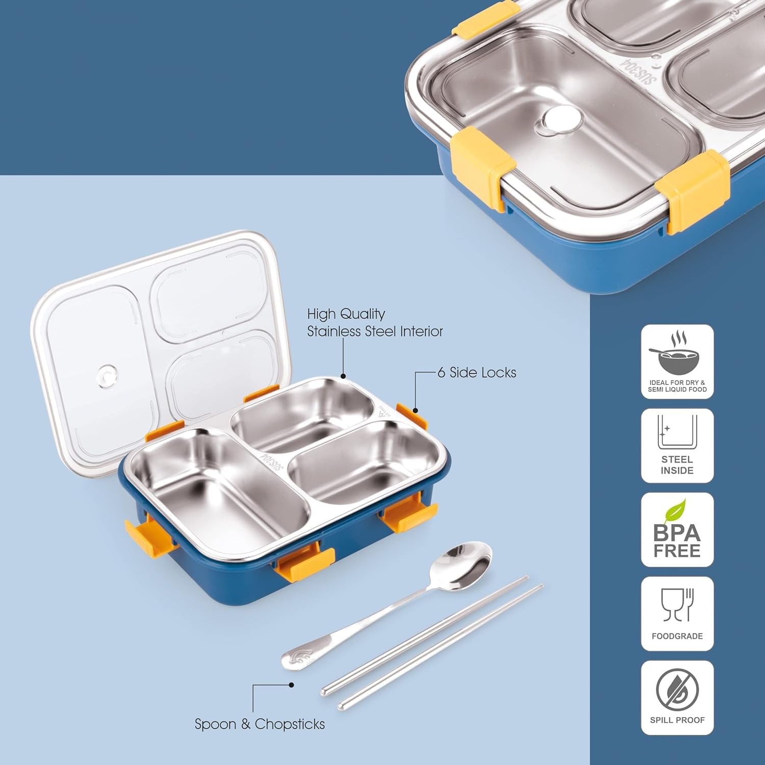 3-Compartment Transparent Stainless Steel Lunch Box for Meals