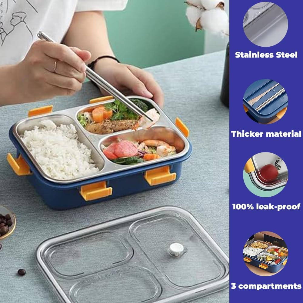3-Compartment Transparent Stainless Steel Lunch Box for Meals