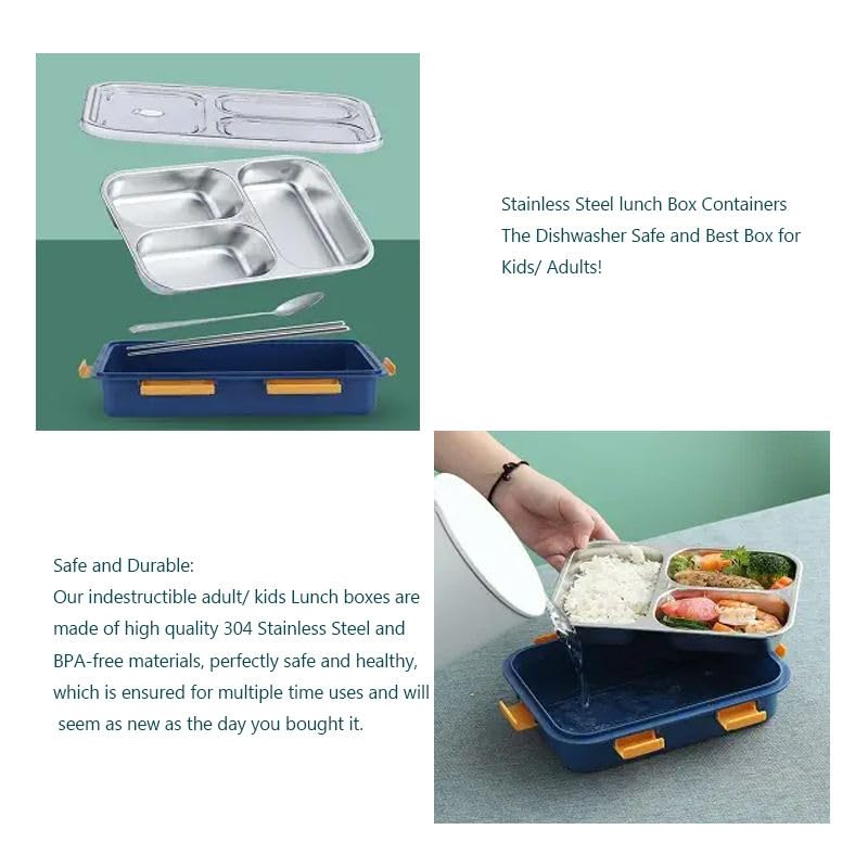 3-Compartment Transparent Stainless Steel Lunch Box for Meals