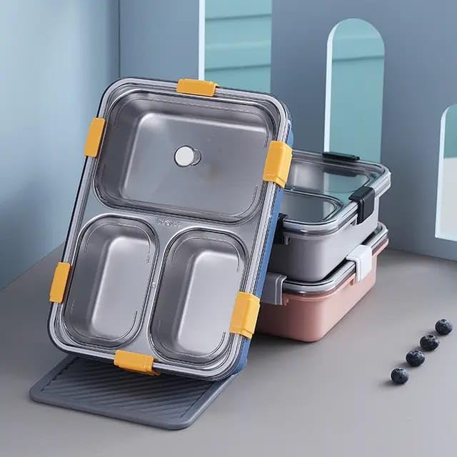3-Compartment Transparent Stainless Steel Lunch Box for Meals
