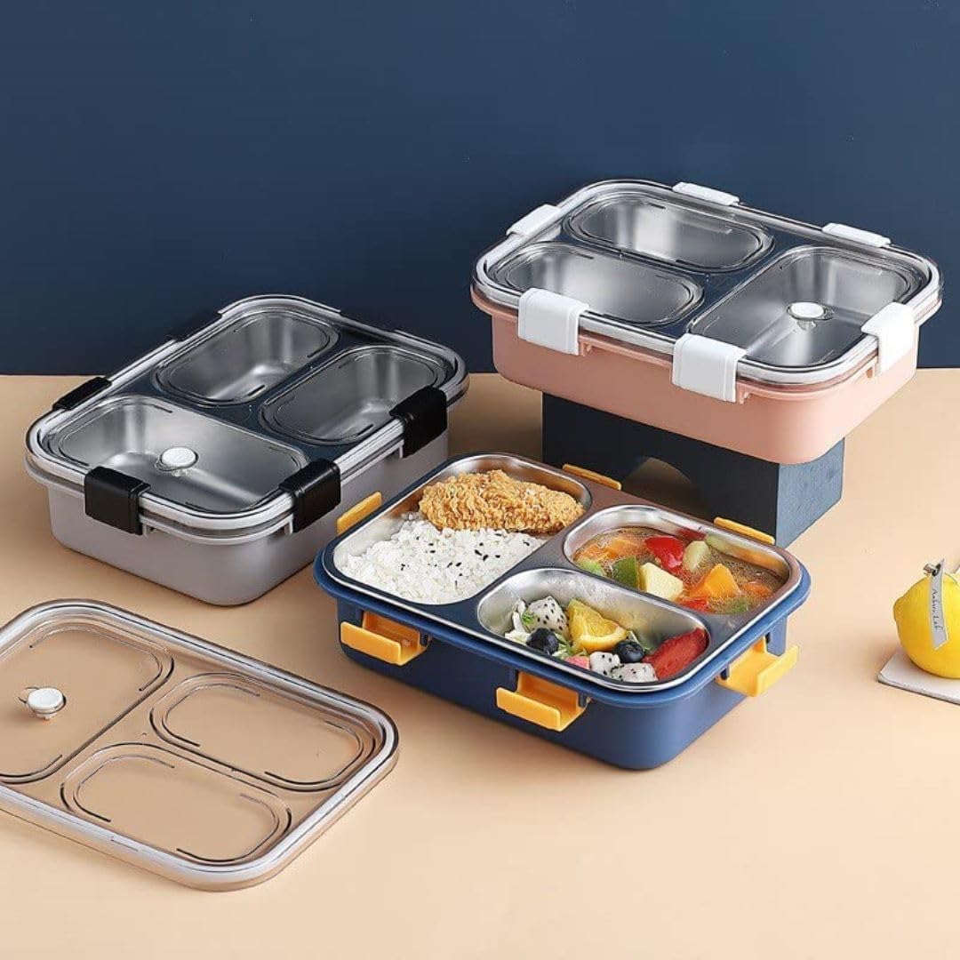 3-Compartment Transparent Stainless Steel Lunch Box for Meals