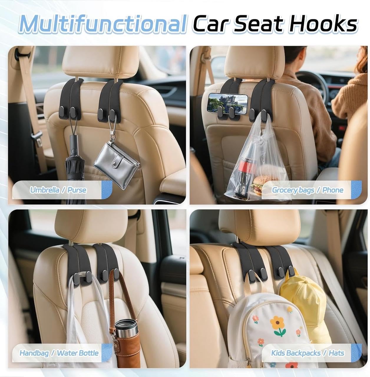 Leather Car Headrest Hooks | Purse & Bag Organizer Hanger for Car