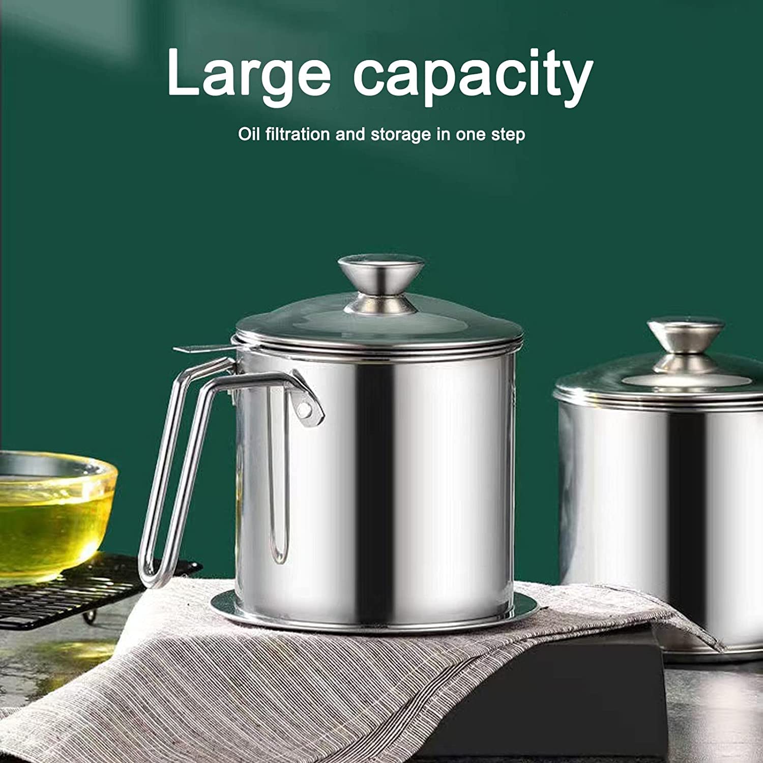 Stainless Steel Oil Strainer Pot 1300ML with Lid