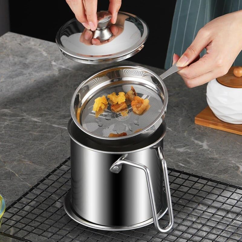 Stainless Steel Oil Strainer Pot 1300ML with Lid