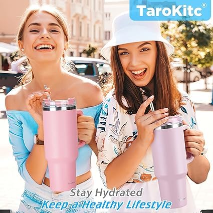 Pink Insulated Travel Tumbler with Handle & Straw