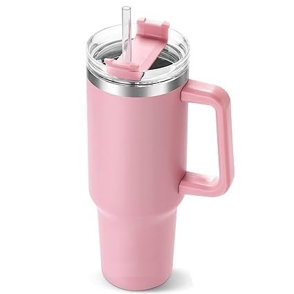 Pink Insulated Travel Tumbler with Handle & Straw