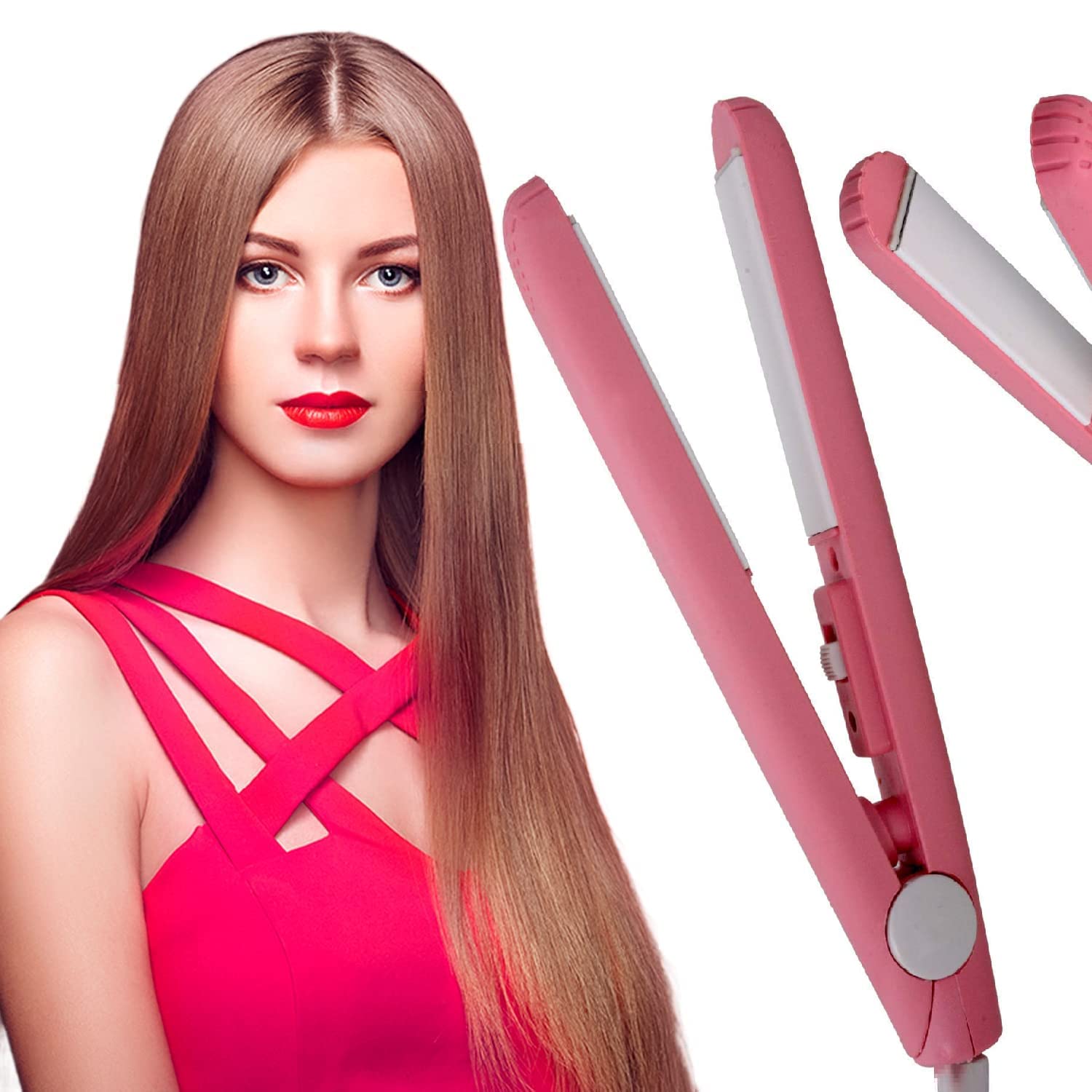 3-in-1 Mini Ceramic Hair Straightener Brush Fast Heat
