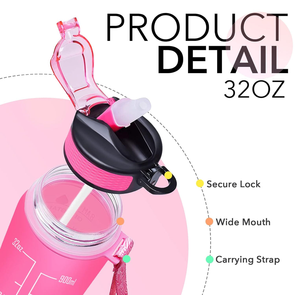 Motivational Water Bottle 900ml | Straw & Time Marker