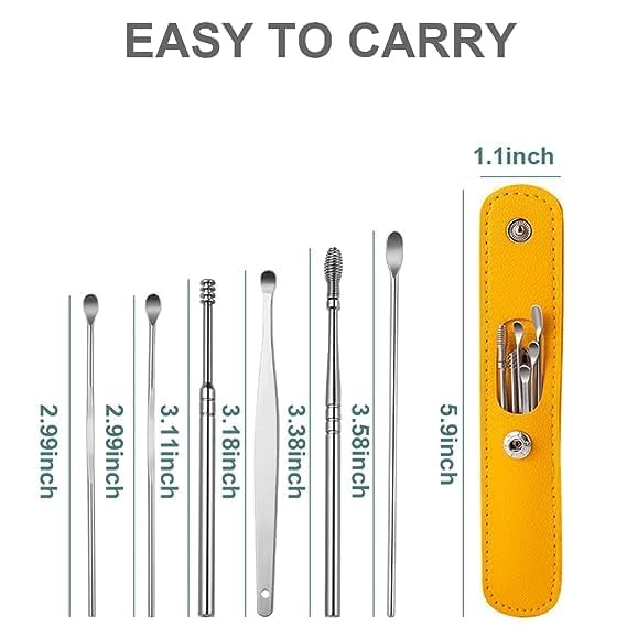 6-Pc Reusable Ear Wax Cleaner | Tool Set with Leather Pouch