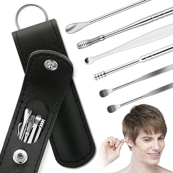 6-Pc Reusable Ear Wax Cleaner | Tool Set with Leather Pouch