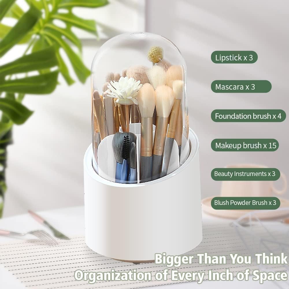 360° Rotating Dustproof Makeup Brush Holder with Clear Cover