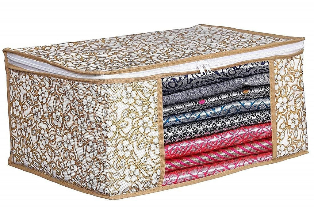 Foldable Saree Organizer with Zip & Transparent Window – Gold Print
