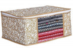 Foldable Saree Organizer with Zip & Transparent Window – Gold Print