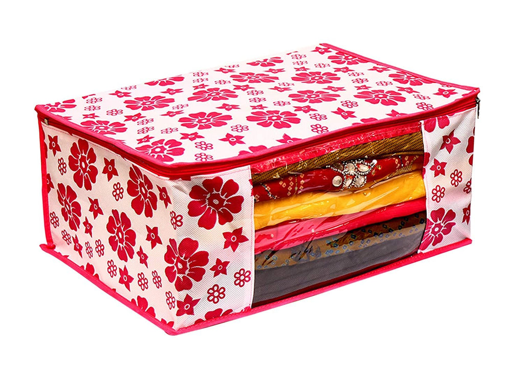 Foldable Saree Organizer with Zip & Transparent Window – Red Flower