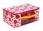 Foldable Saree Organizer with Zip & Transparent Window – Red Flower
