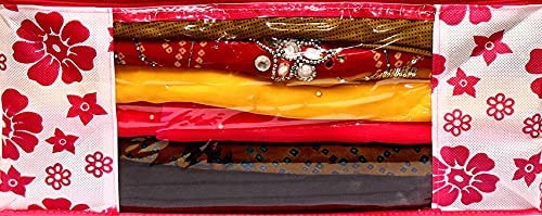 Foldable Saree Organizer with Zip & Transparent Window – Red Flower