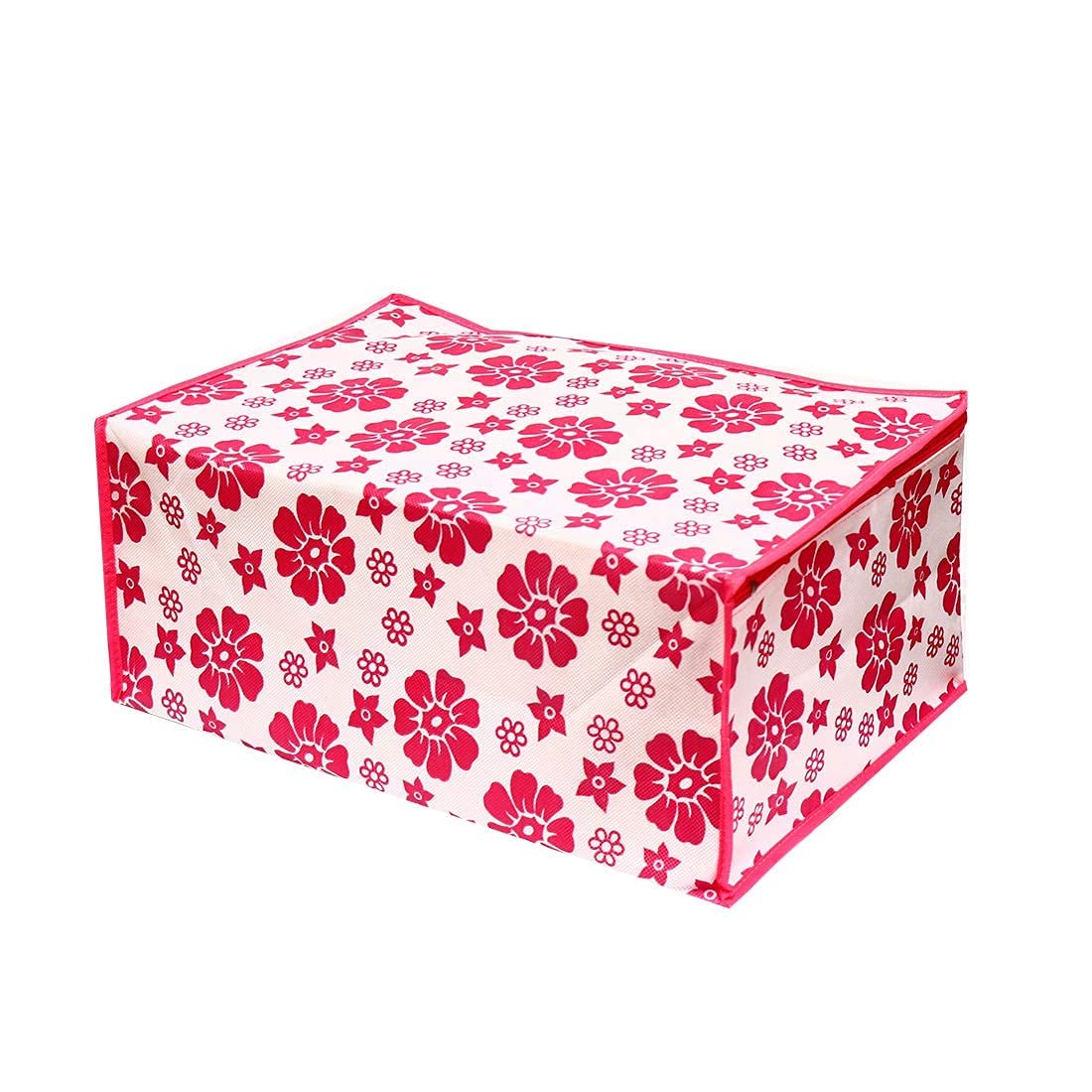 Foldable Saree Organizer with Zip & Transparent Window – Red Flower