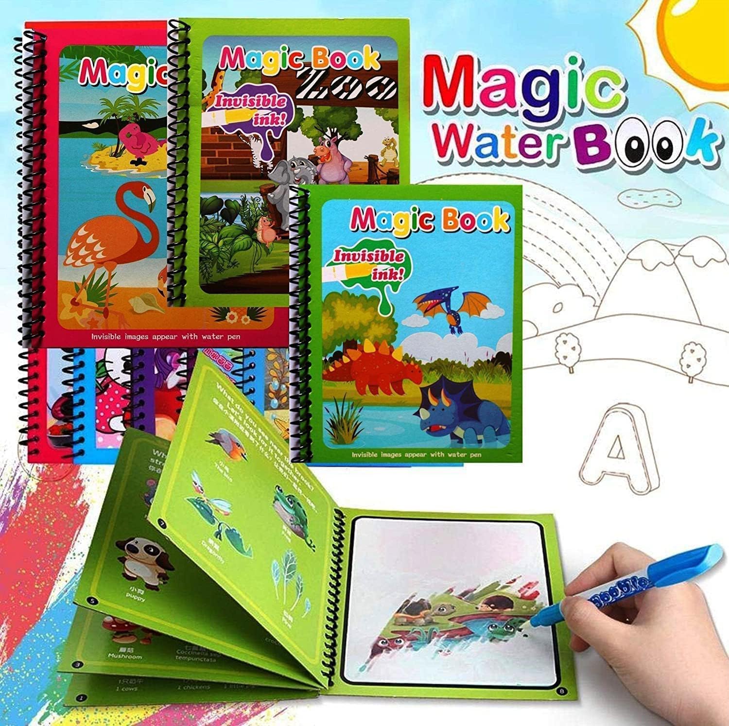 4Pcs Magic Water Coloring Books Reusable Kids Set